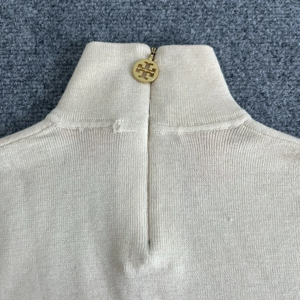 Tory Burch 100% Wool Lightweight Sweater Mock Neck Cream Long Sleeve Sz Small